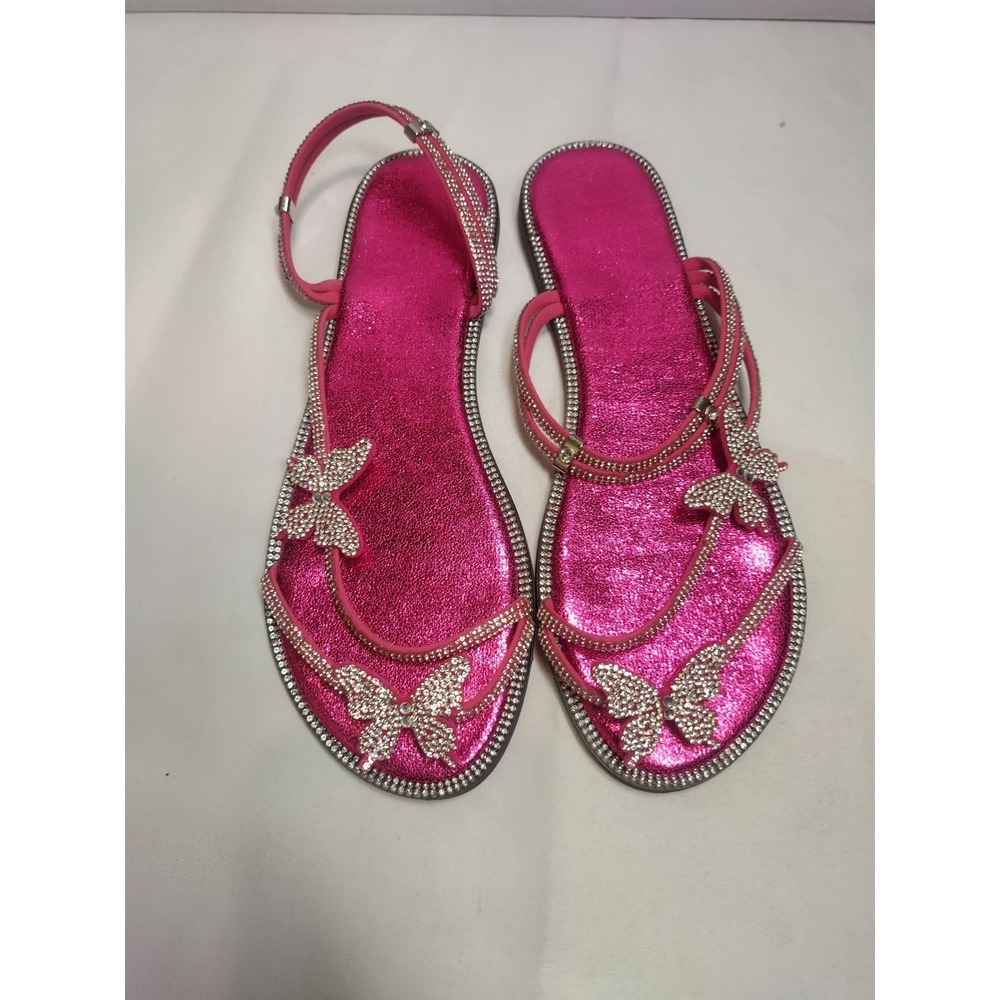 Hot Pink Metallic Rhinestone Butterfly Strappy Flat Sandals Slingback Size 41